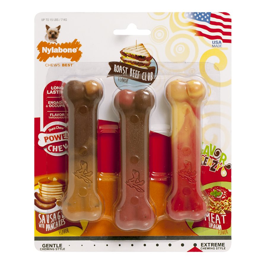 Os à mâcher Flavor Frenzy durables crêpes et saucisse, rosbif et lasagne petits (paquet de 3) pour chien