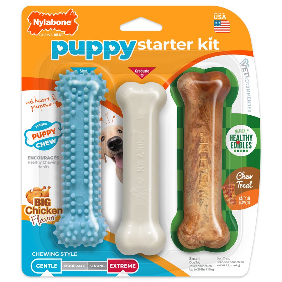 Trousse jouets et gâterie Puppy Chew poulet et bacon bleu petite (paquet de 3) pour chiot