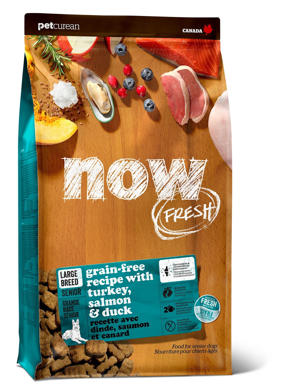 Nourriture sans grains à la dinde, saumon et canard pour chien sénior grande race 25 lb