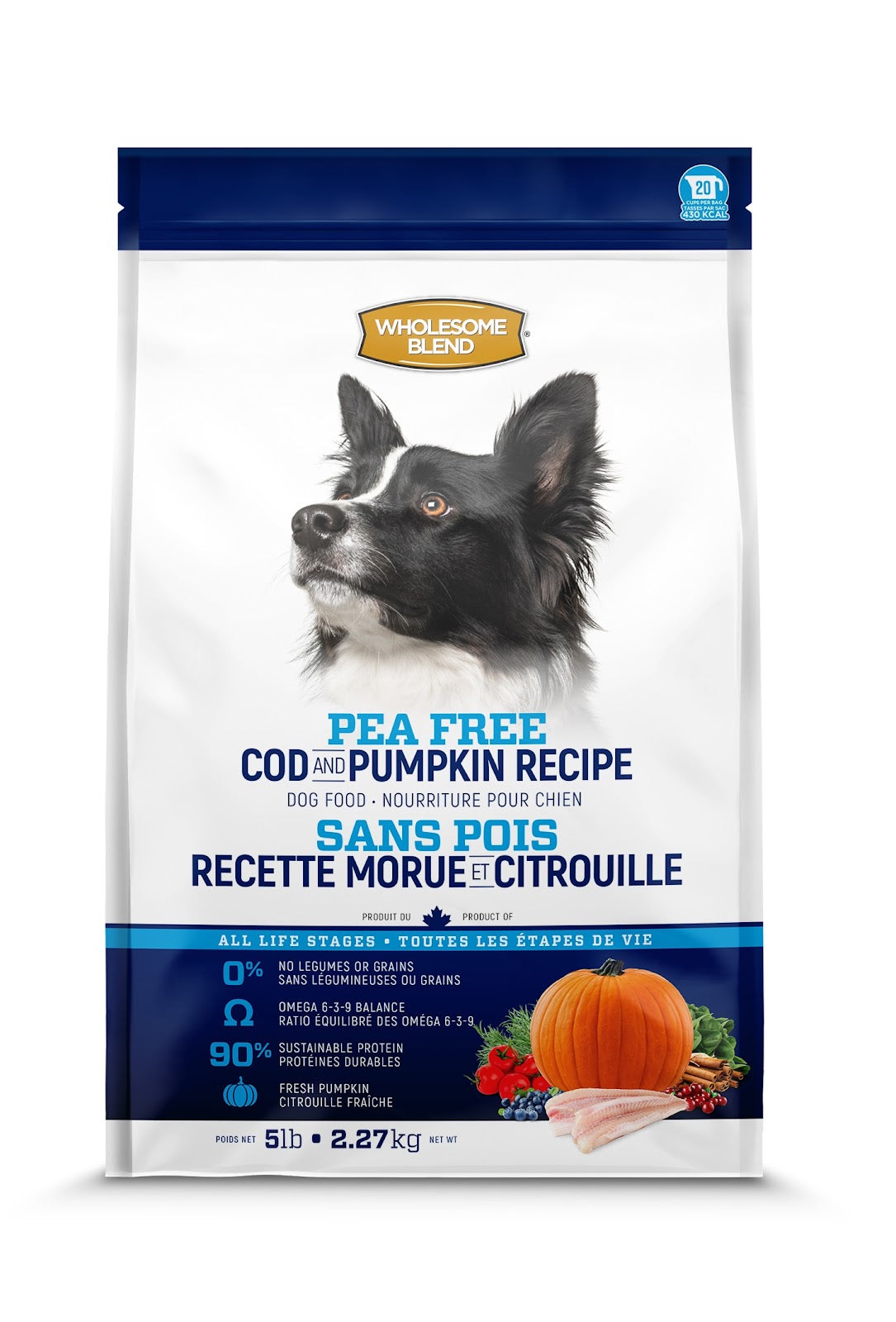 Nourriture sans pois à la morue et citrouille pour chien - Wholesome Blend