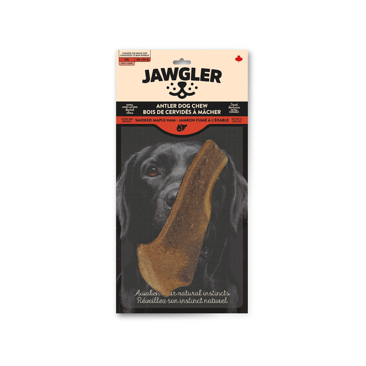 Bois de cervidés à mâcher coupé, jambon fumé à l'érable