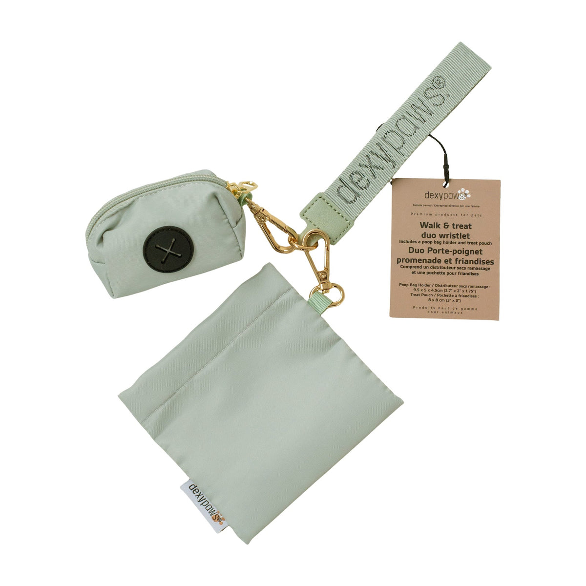 Pochette double à dragonne avec distributeur de sacs et de gâteries, vert sauge