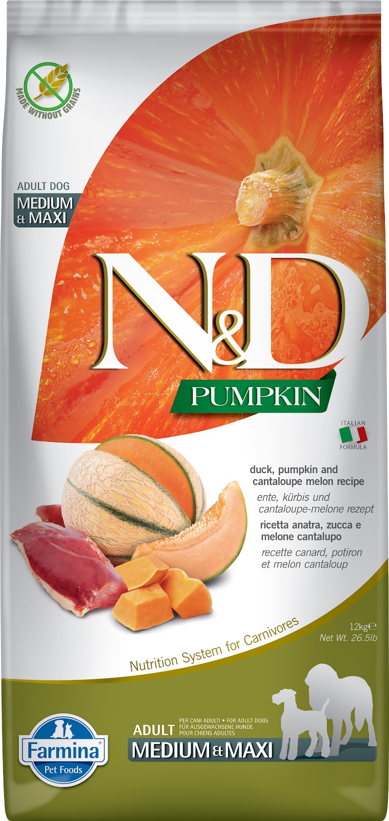 Nourriture Citrouille sans grains au canard et cantaloup pour chien races moyennes et grandes 26,4 lb