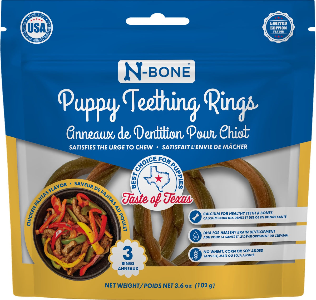 Anneau dentaire à mâcher fajitas au poulet pour chiot 3,6 oz (paquet de 3)