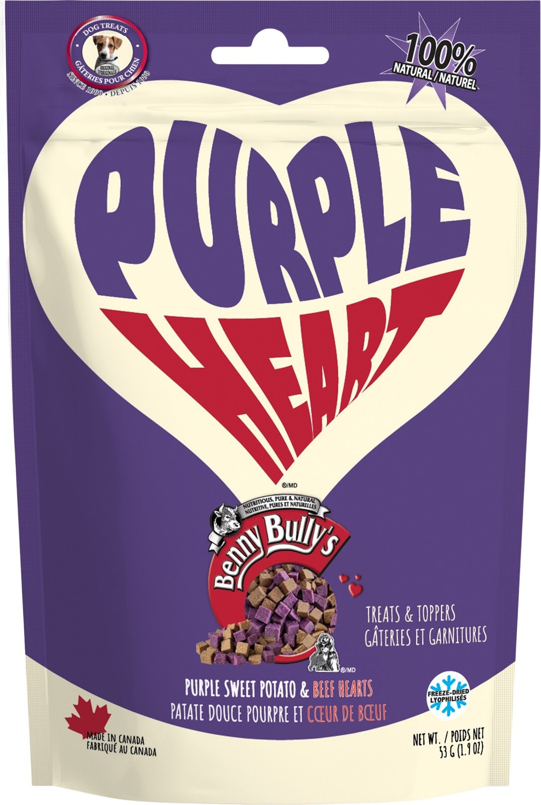 Gâteries Purple Heart à la patate douce japonaise et cœur de bœuf pour chien 53 g