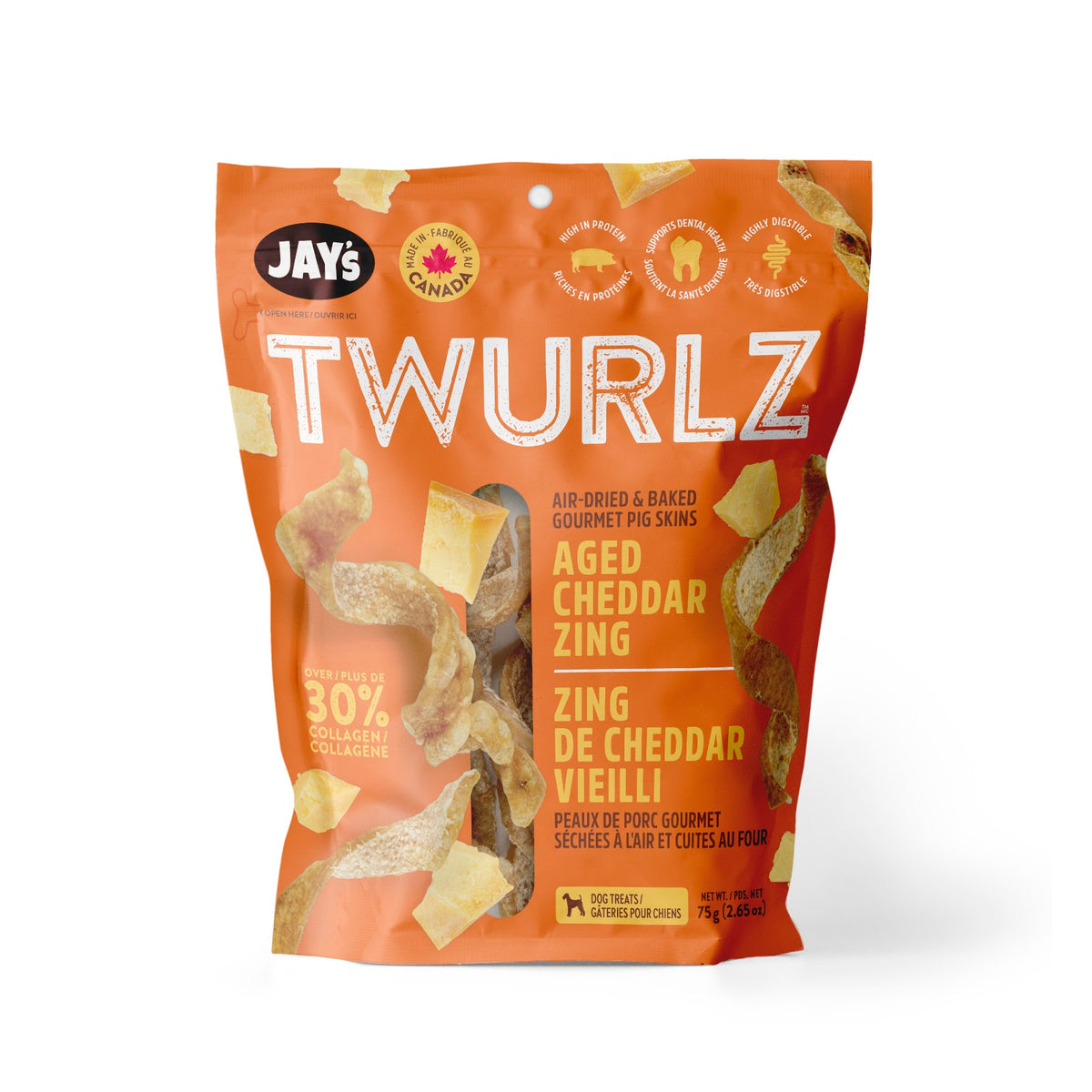Gâterie à mâcher Twurlz peaux de porc séchées à l'air au cheddar vieilli pour chien - Jay's
