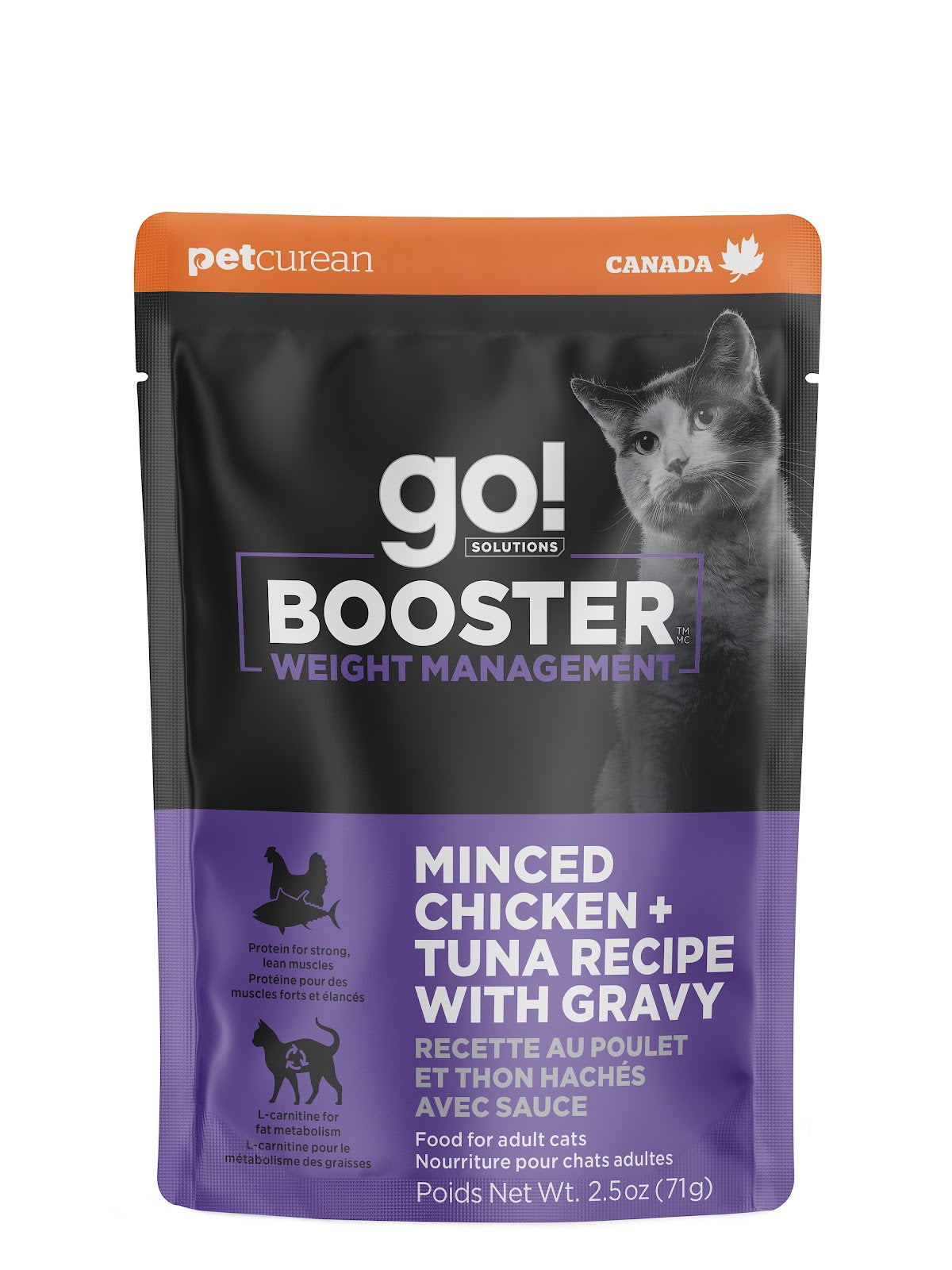 Nourriture humide Booster contrôle du poids au poulet et thon hachés en sauce pour chat 2,5 oz