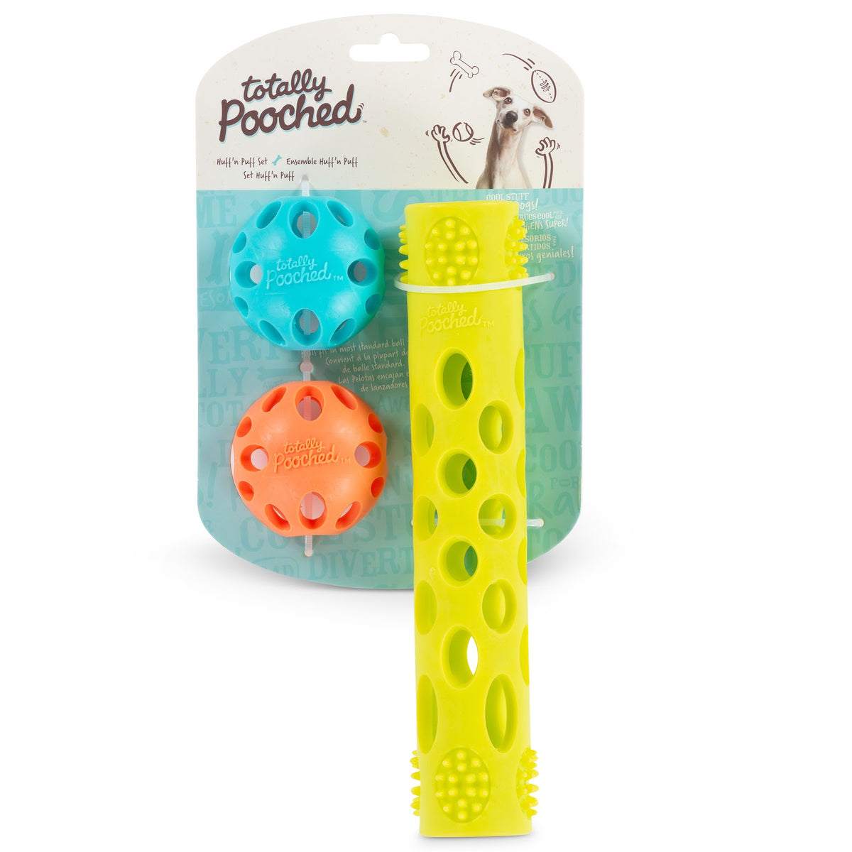Ensemble de jouets Totally Pooched Huff'n Puff, 2 balles et 1 bâton (paquet de 3)