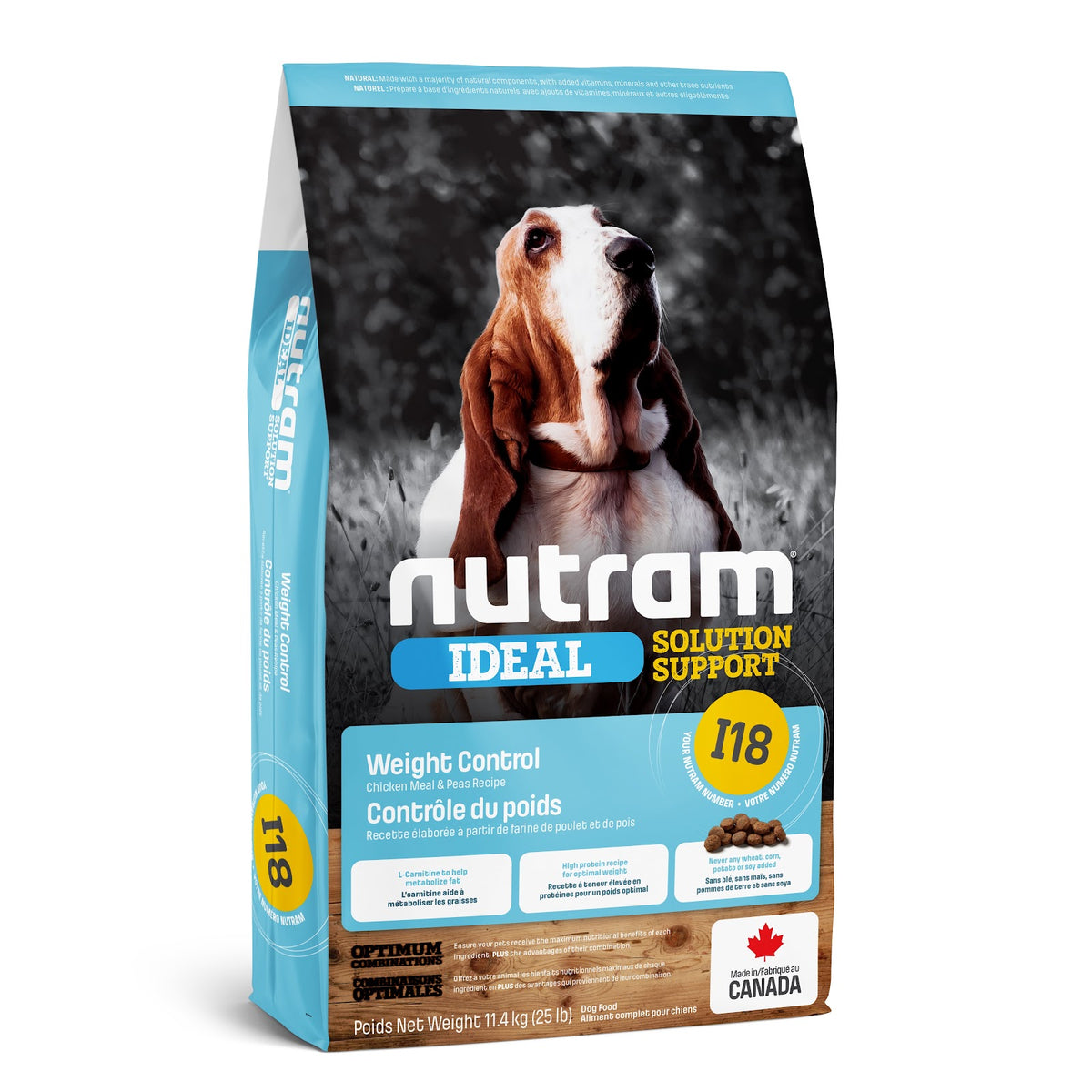 Nourriture sèche Ideal I18 pour chien, contrôle du poids, poulet et pois