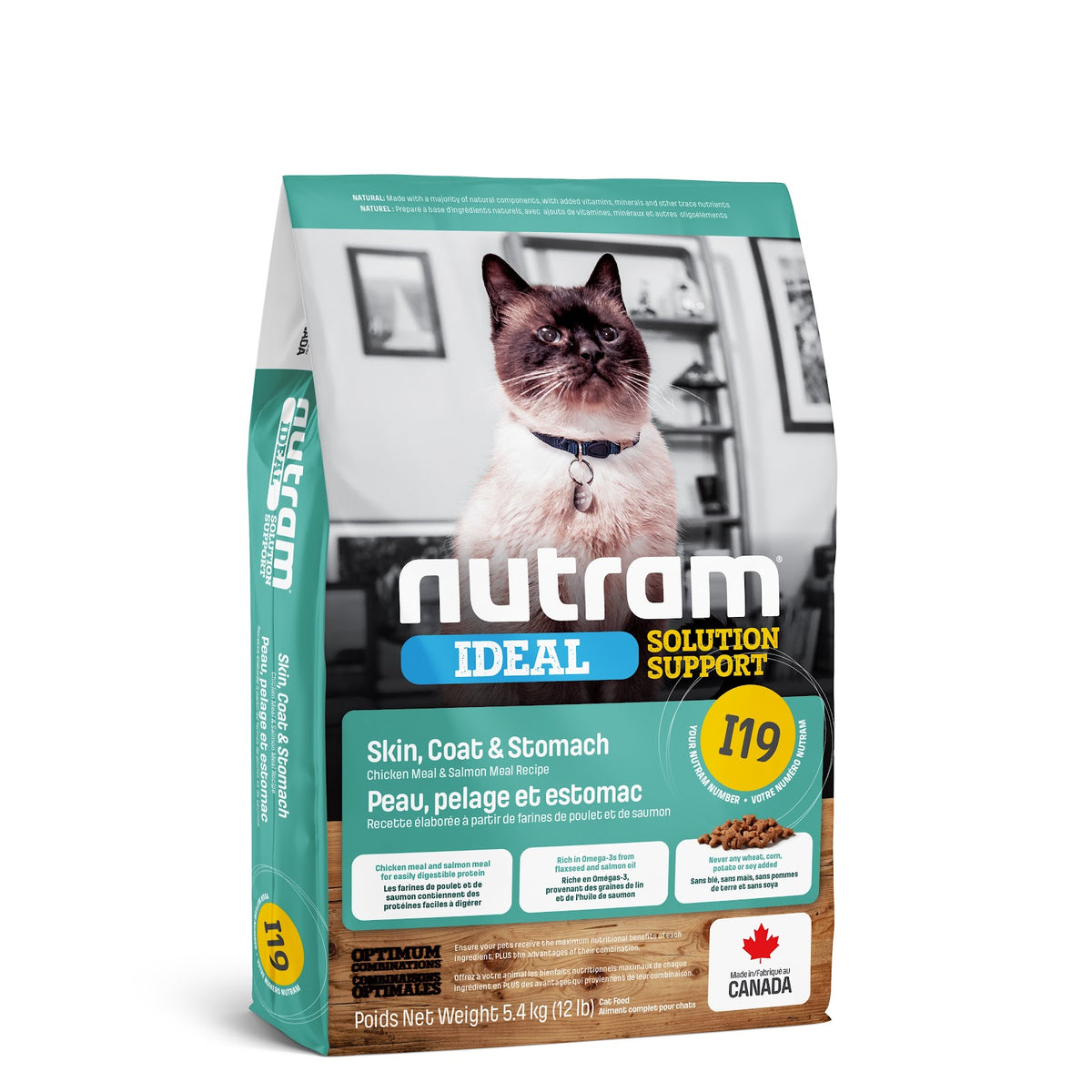 Nourriture sèche Ideal I19 pour chat, peau, pelage et estomac sensibles, poulet et saumon