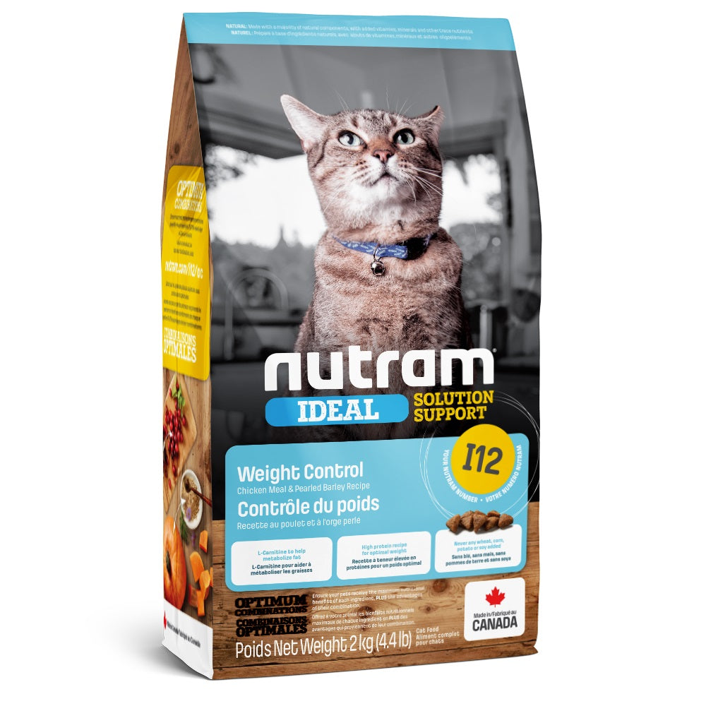 Nourriture sèche Ideal I12 pour chat, contrôle du poids, poulet et orge