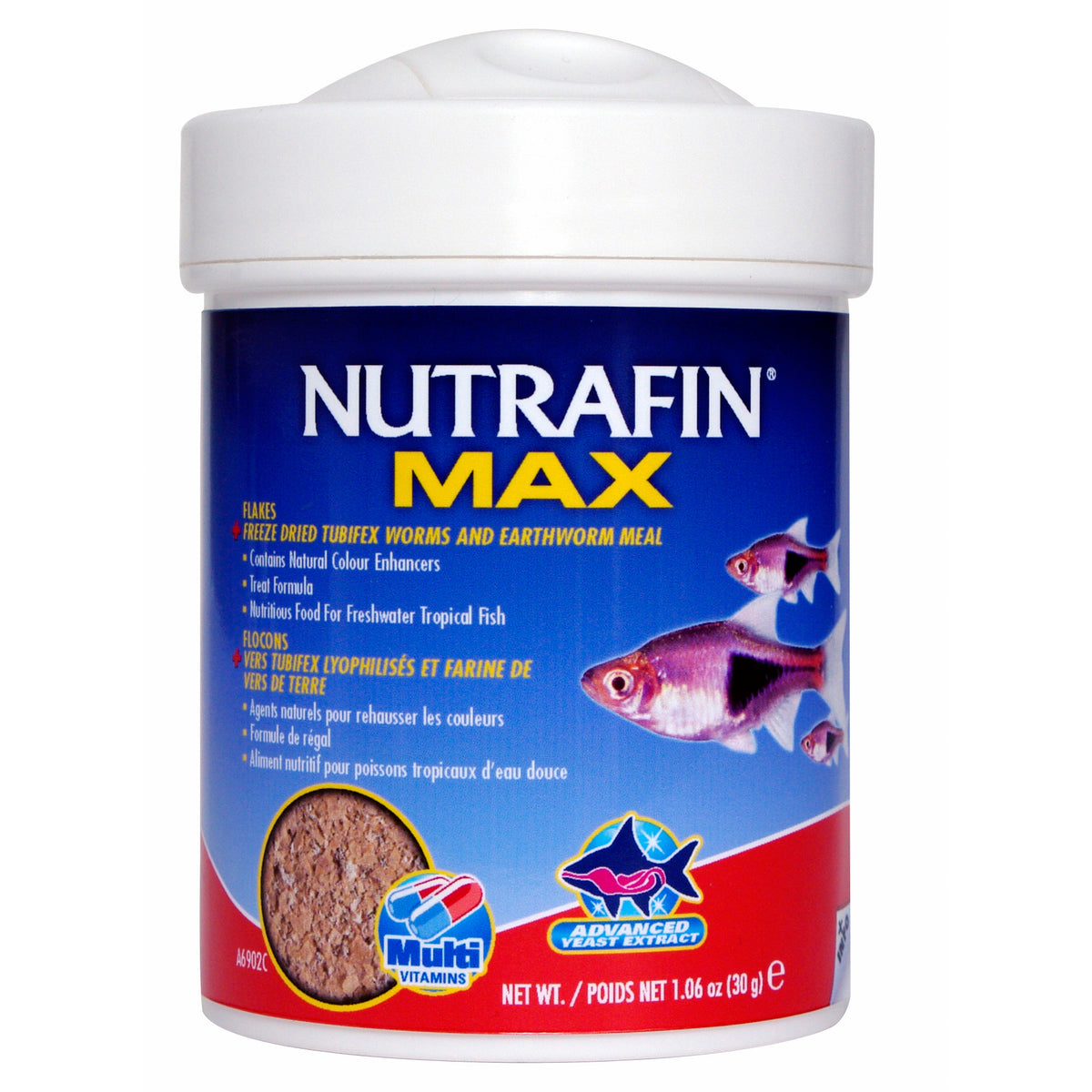 Flocons Max avec vers tubifex lyophilisés et farine de vers de terre pour poisson tropical d'eau douce 30 g