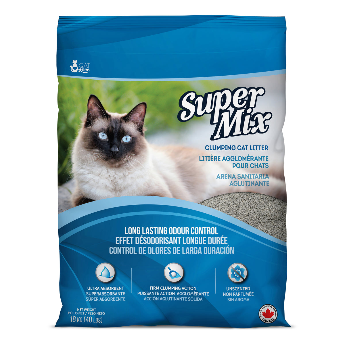 Litière agglomérante Super Mix non parfumée 18 kg