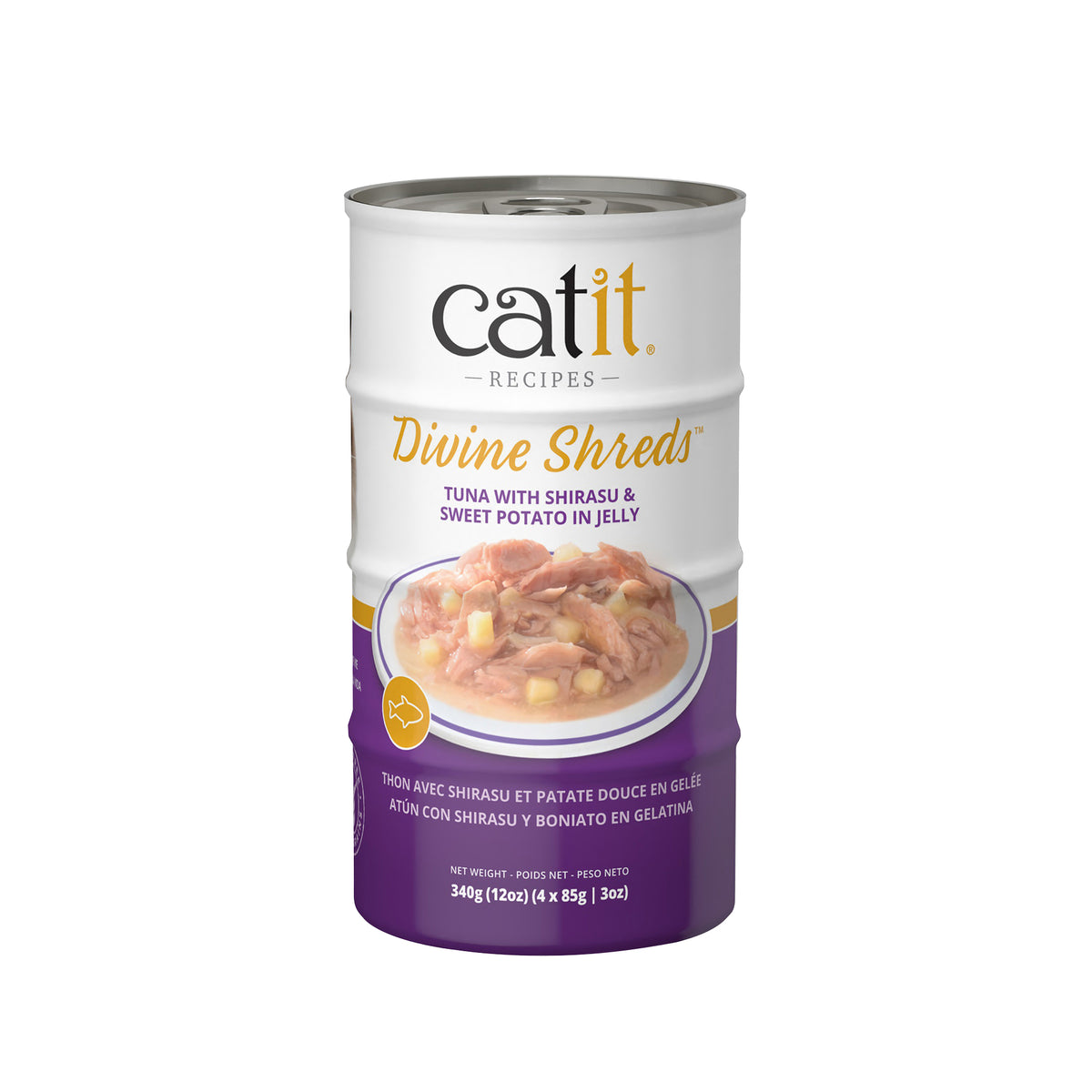 Garnitures Divine Shreds en gelée au thon avec shirasu et patate douce pour chat 85 g (paquet de 4)