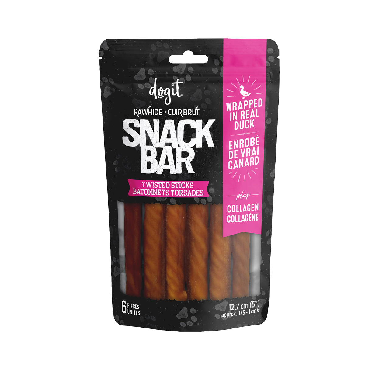 Bâtonnets Snack Bar en peau de bœuf et collagène au canard 12,7 cm pour chien (paquet de 6)