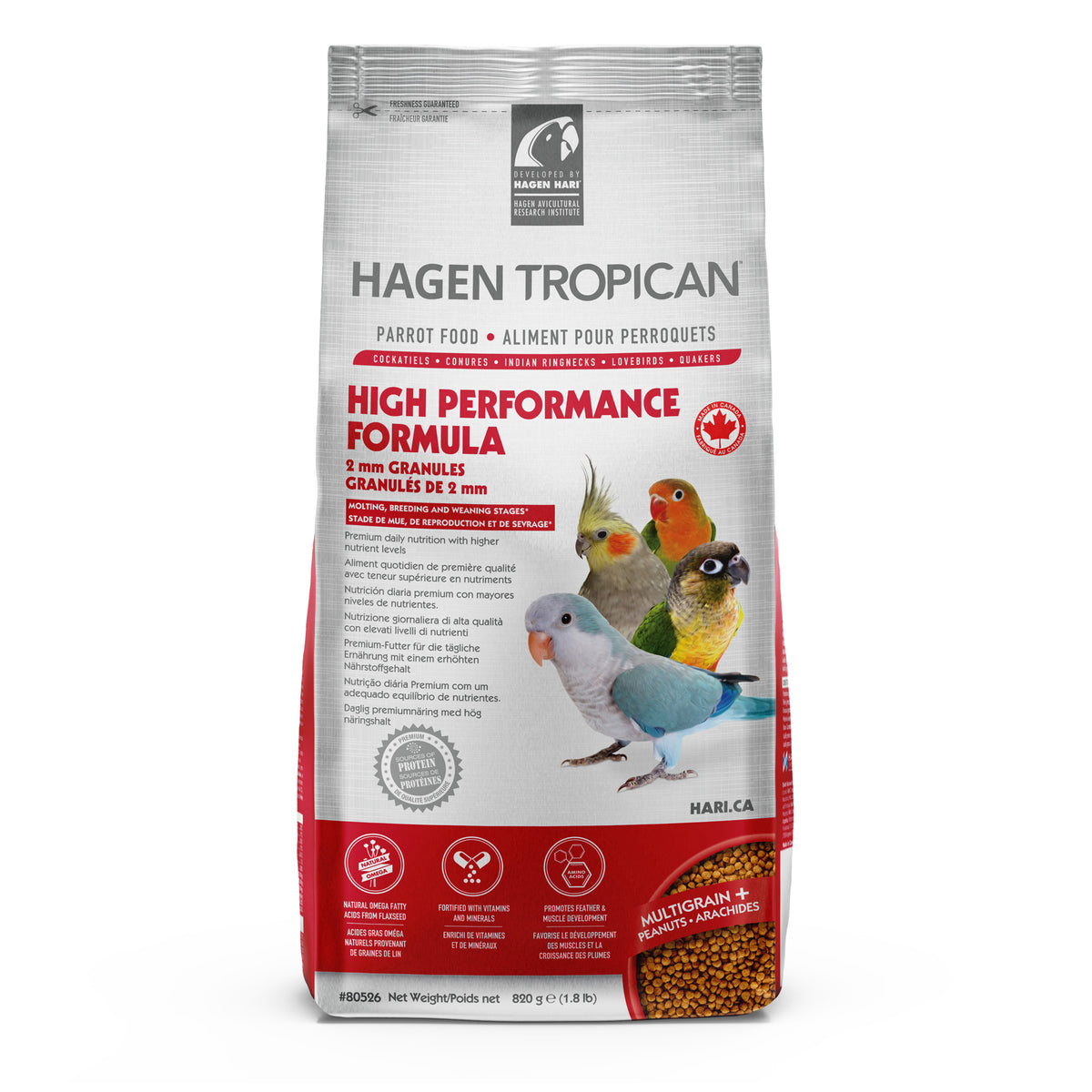 Nourriture Tropican High Performance en granulés de 2 mm pour perruche calopsitte 820 g