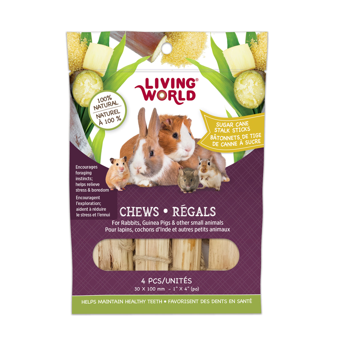 Gâteries à mâcher en bâtonnets de tige de canne à sucre pour petit mammifère (paquet de 4)