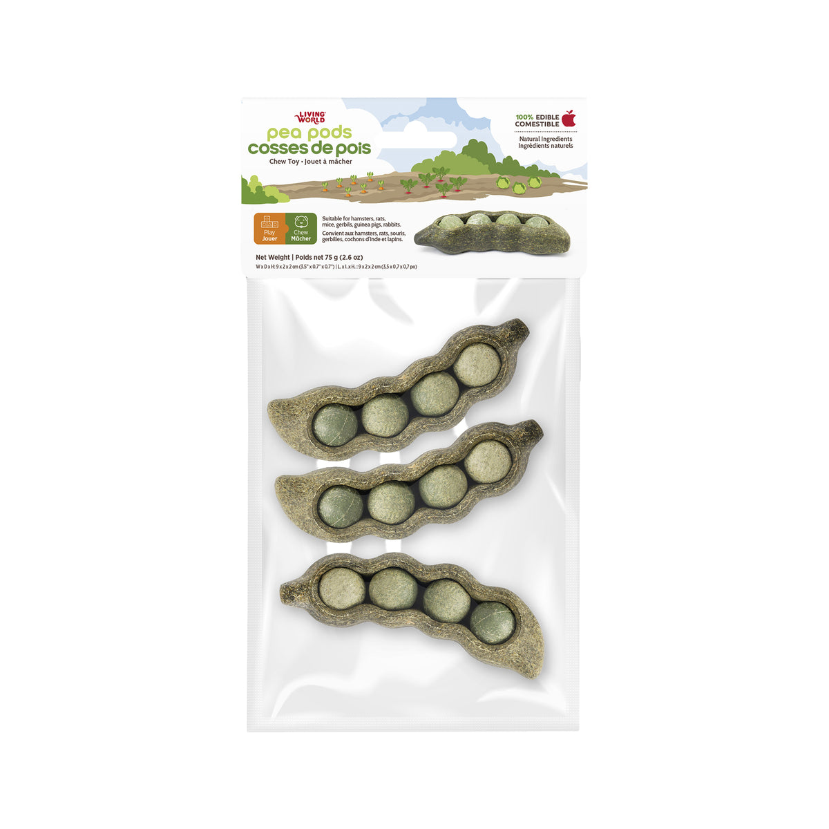 Jouet à mâcher comestible cosses de pois vert 75 g (paquet de 3) pour petit mammifère