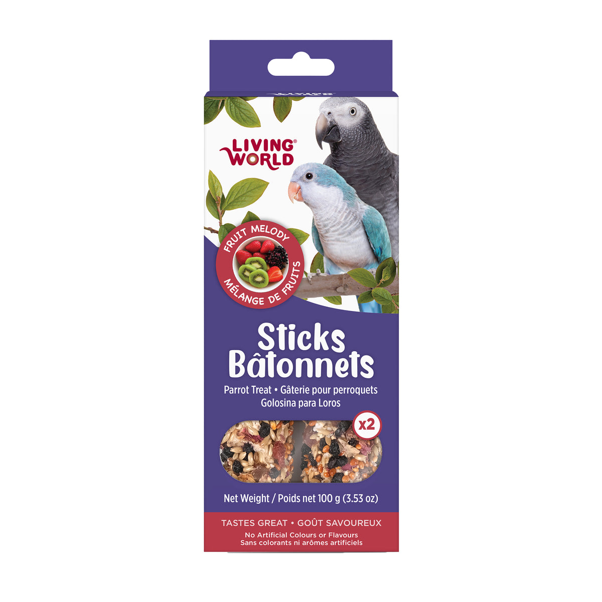 Bâtonnets de gâterie aux fruits pour perroquet 100 g (paquet de 2)