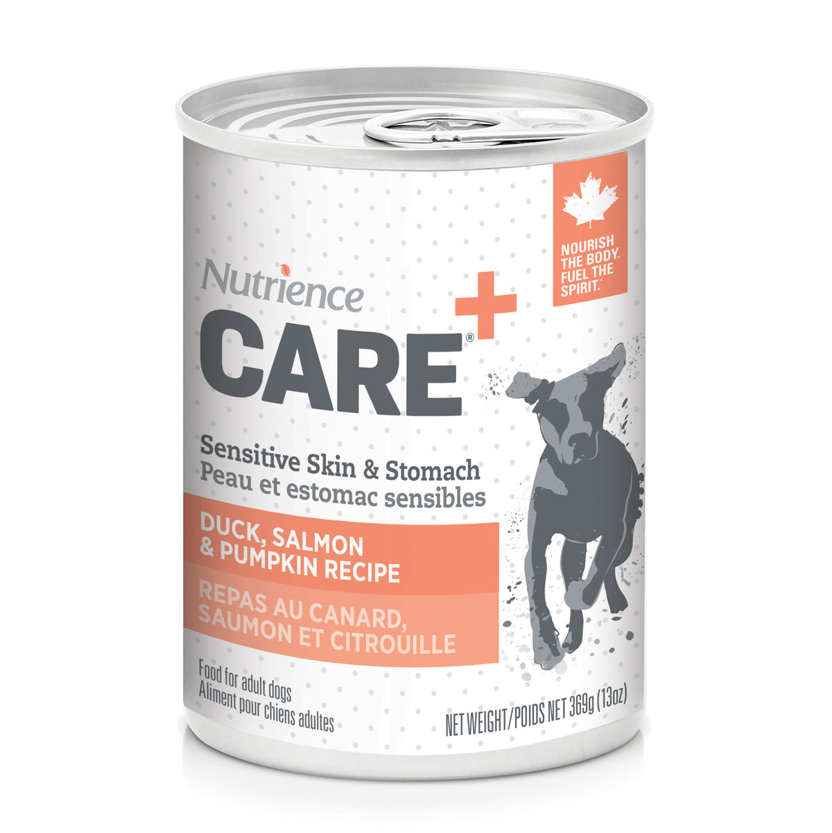Pâté Care Peau et estomac sensibles pour chiens, canard, saumon et citrouille 369 g