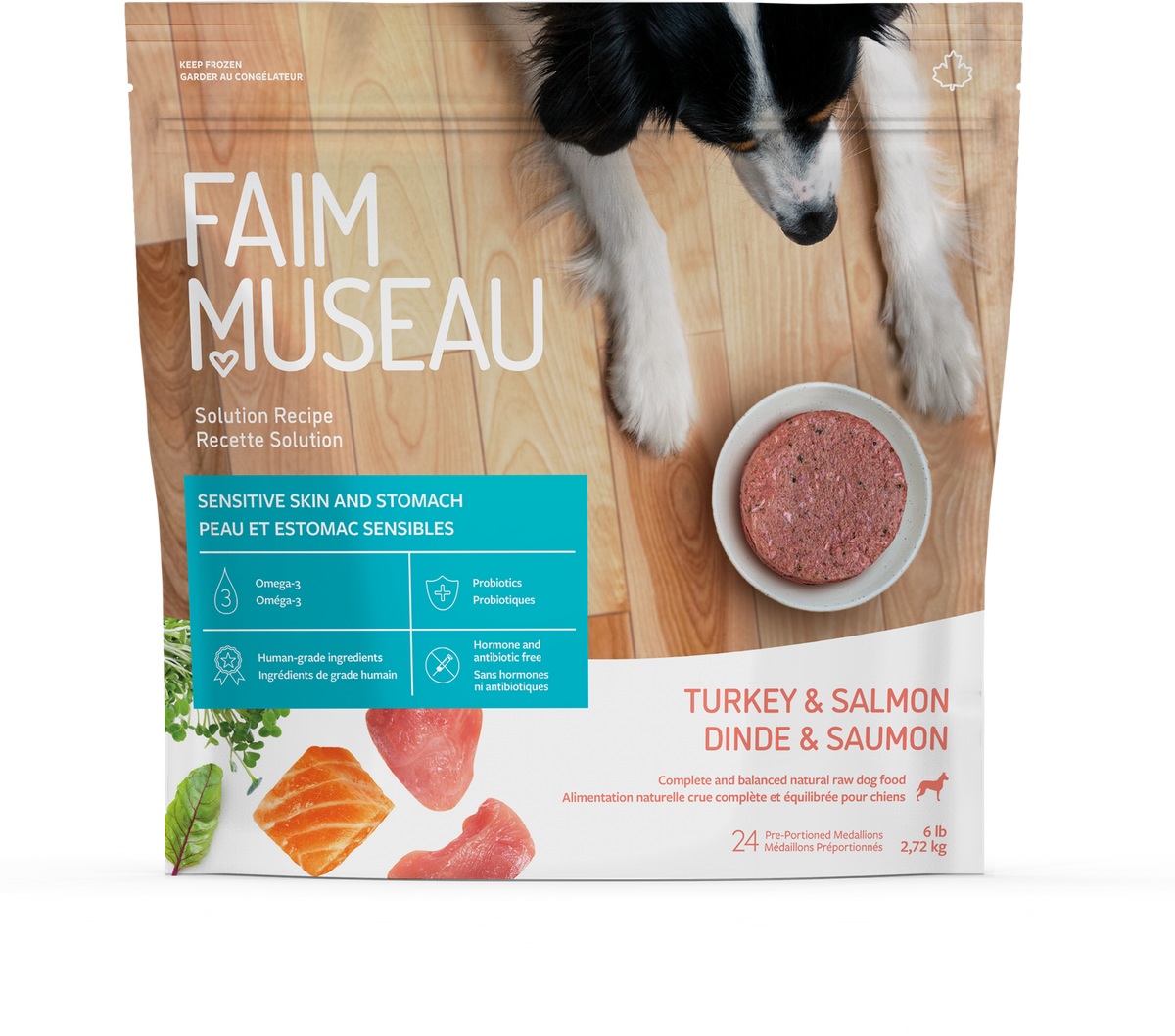 Nourriture crue à la dinde et saumon pour chien - Faim Museau