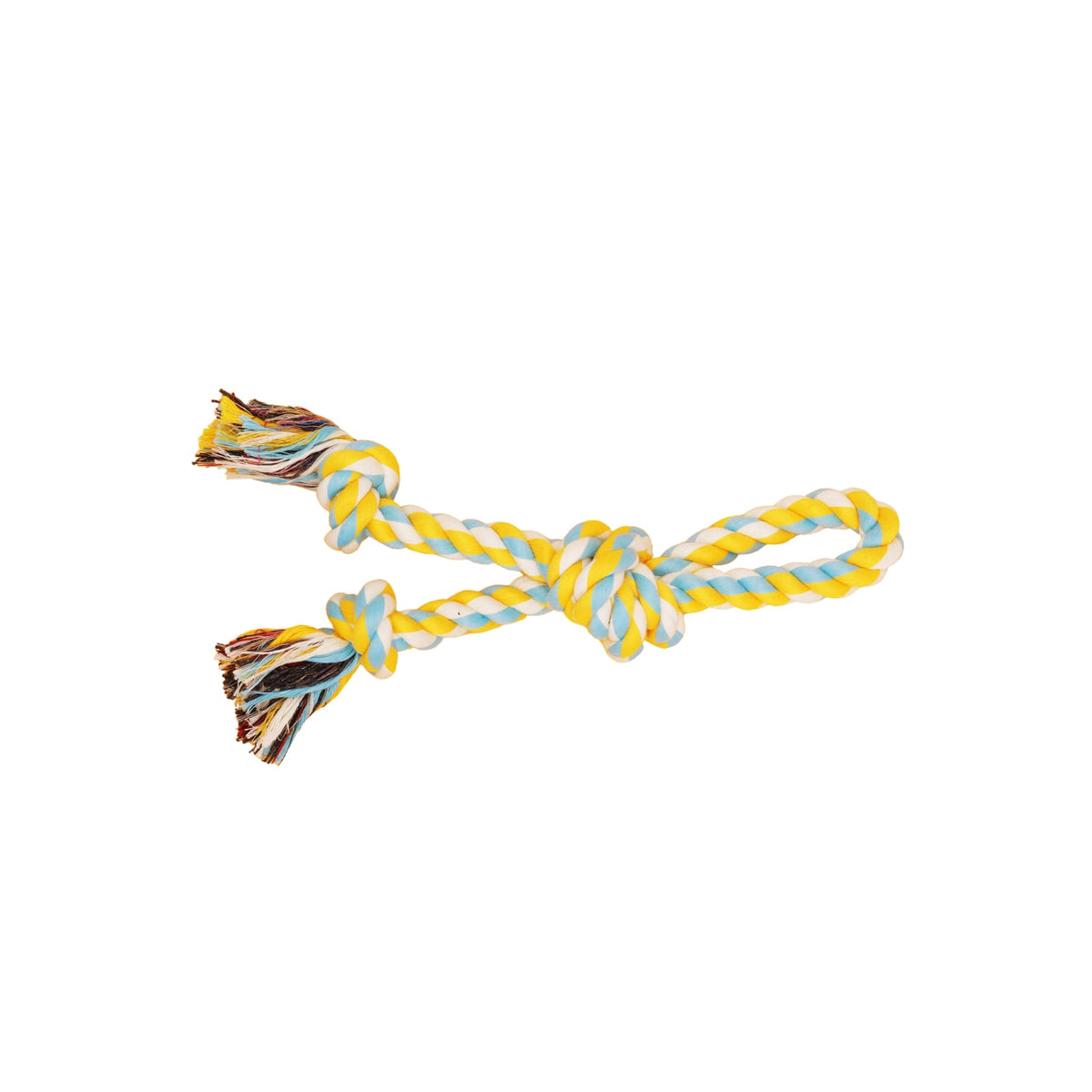 Corde à tirer double 3 nœuds bleu ciel et jaune 29 cm pour chien