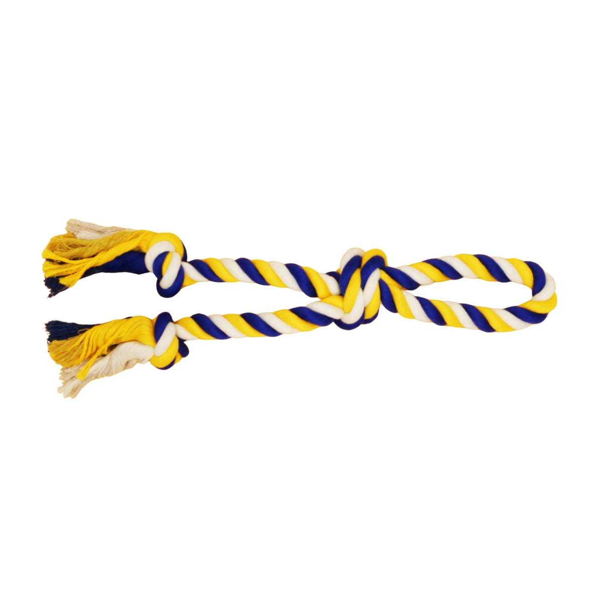 Grosse corde à tirer double 3 nœuds bleu et jaune 60 cm pour chien