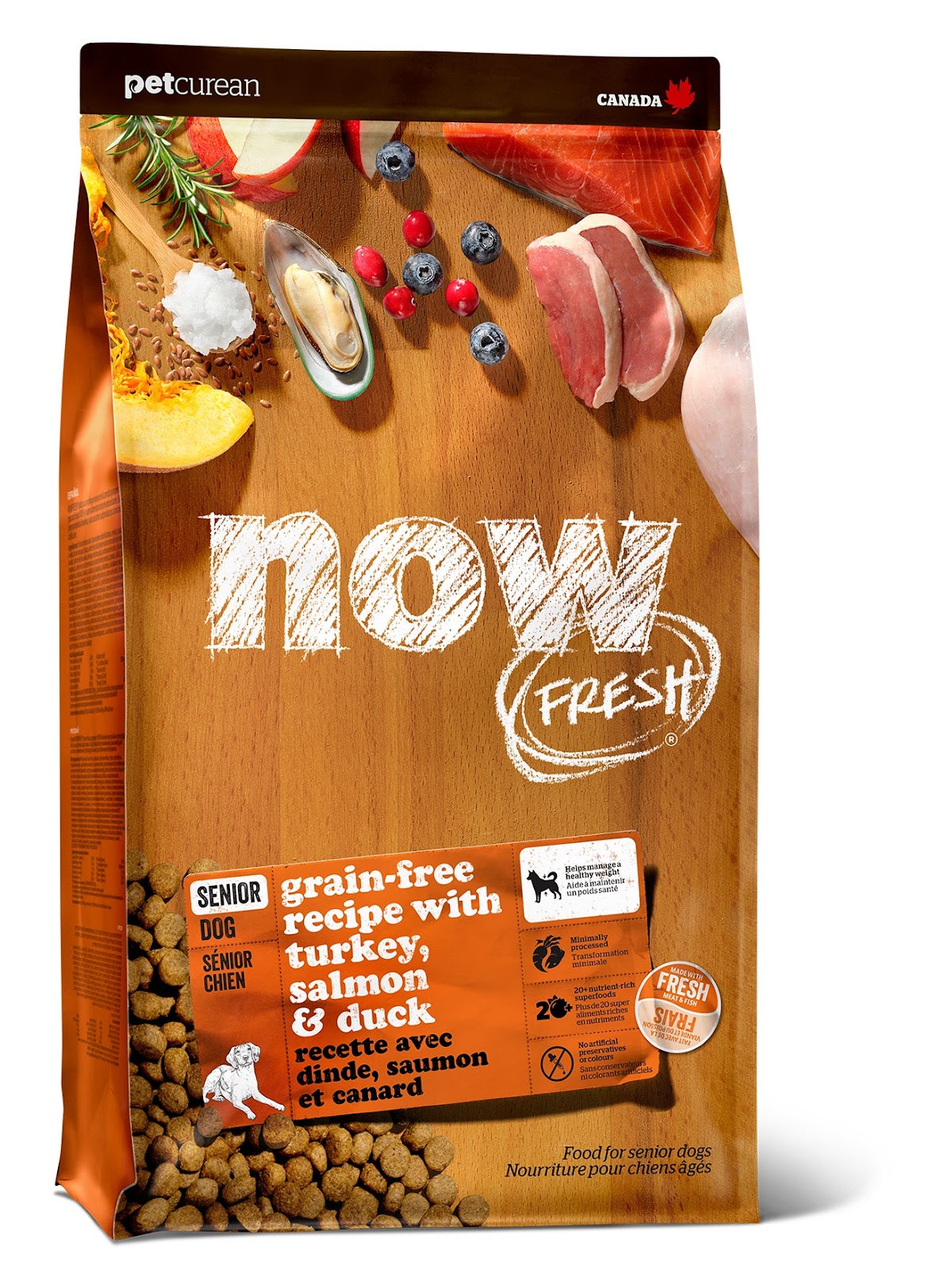 Nourriture sèche Now Fresh sans grains pour chien sénior, dinde, saumon et canard