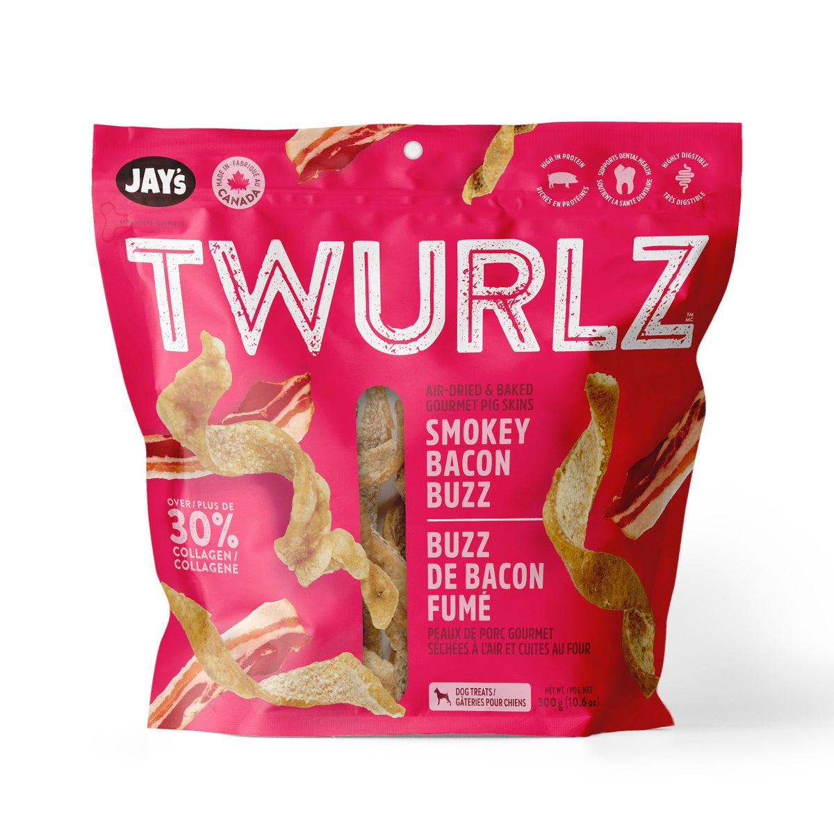 Peaux de porc séchées à l'air Twurlz pour chien, bacon fumé