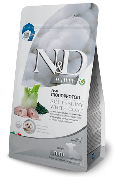White chiot pelage blanc sans grains bar, kelp et fenouil Farmina - nourriture sèche pour chien