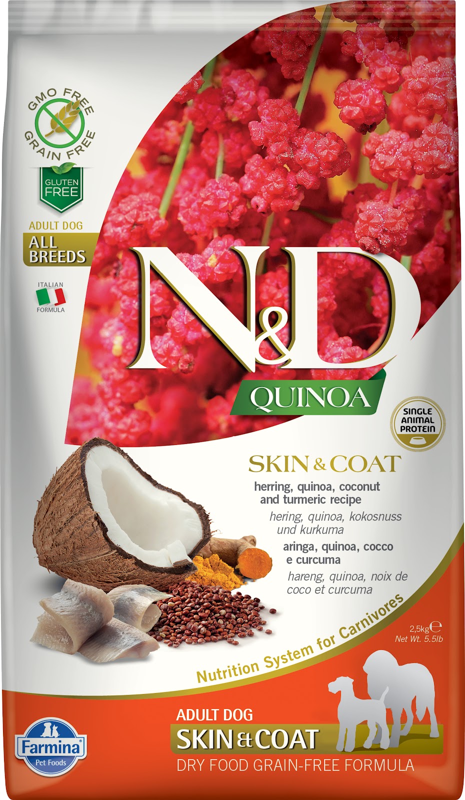 Nourriture sèche N&D Quinoa Peau et poils sans grains pour chien de races moyennes et grandes