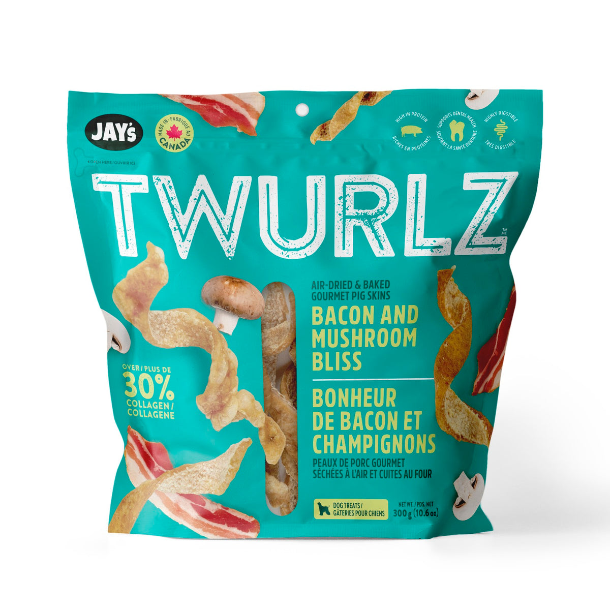 Peaux de porc séchées à l'air Twurlz pour chien, bacon et champignons