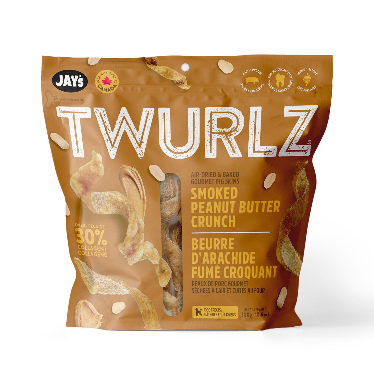 Peaux de porc séchées à l'air Twurlz pour chien, beurre d'arachides fumé