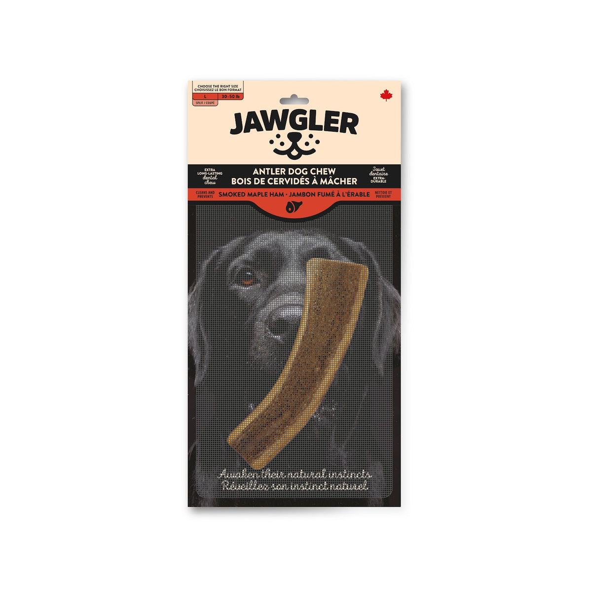 Bois de cervidés à mâcher coupé, jambon fumé à l'érable