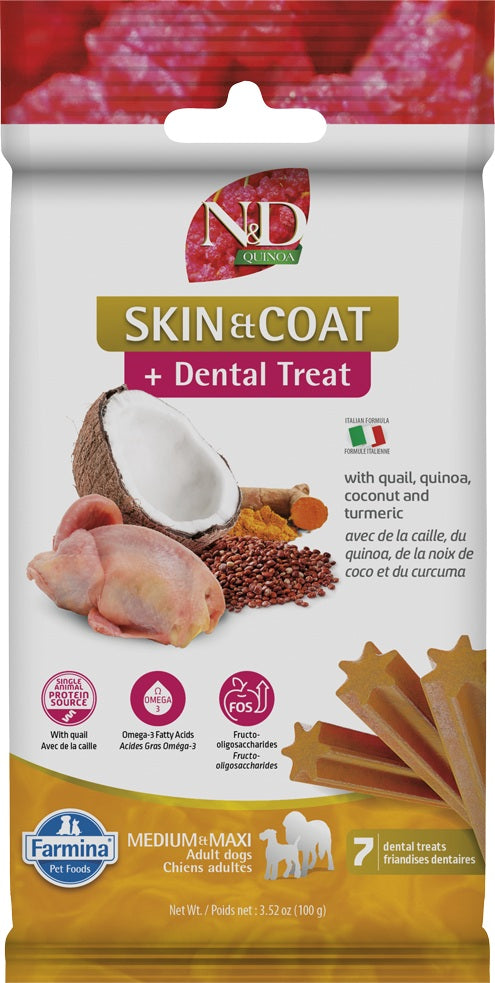Gâteries dentaires Quinoa peau et poils à la caille pour chien races moyennes et grandes 100 g