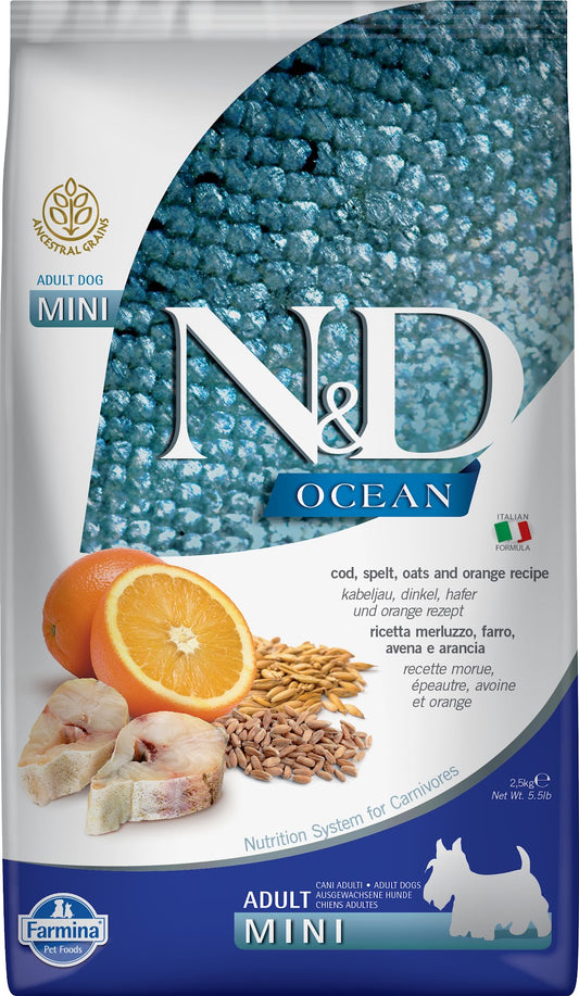 Nourriture sèche N&D Ocean grains ancestraux pour chien, morue et orange