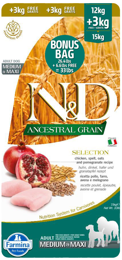Nourriture N&D Select grains ancestraux pour chien adulte, poulet et grenade, races moyennes et grandes 33 lb