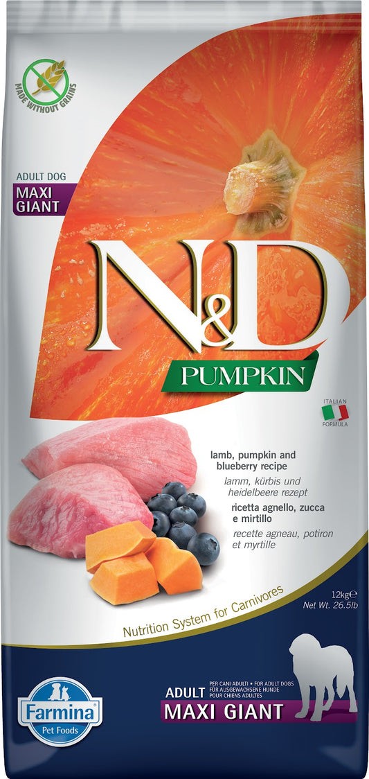 Nourriture sèche N&D Citrouille sans grains pour chien, agneau et bleuet, races maxi et géantes, 26,4 lb