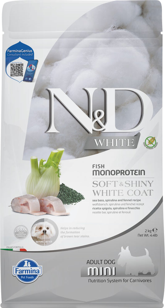 Nourriture sèche N&D White sans grains pour chien au pelage blanc