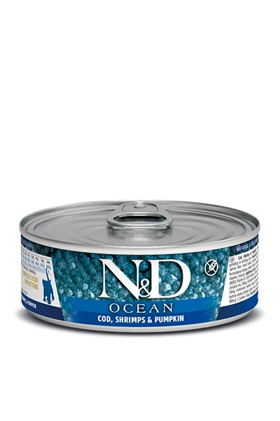 Nourriture humide N&D Ocean sans grains pour chaton, morue, crevette et citrouille, 2,46 oz