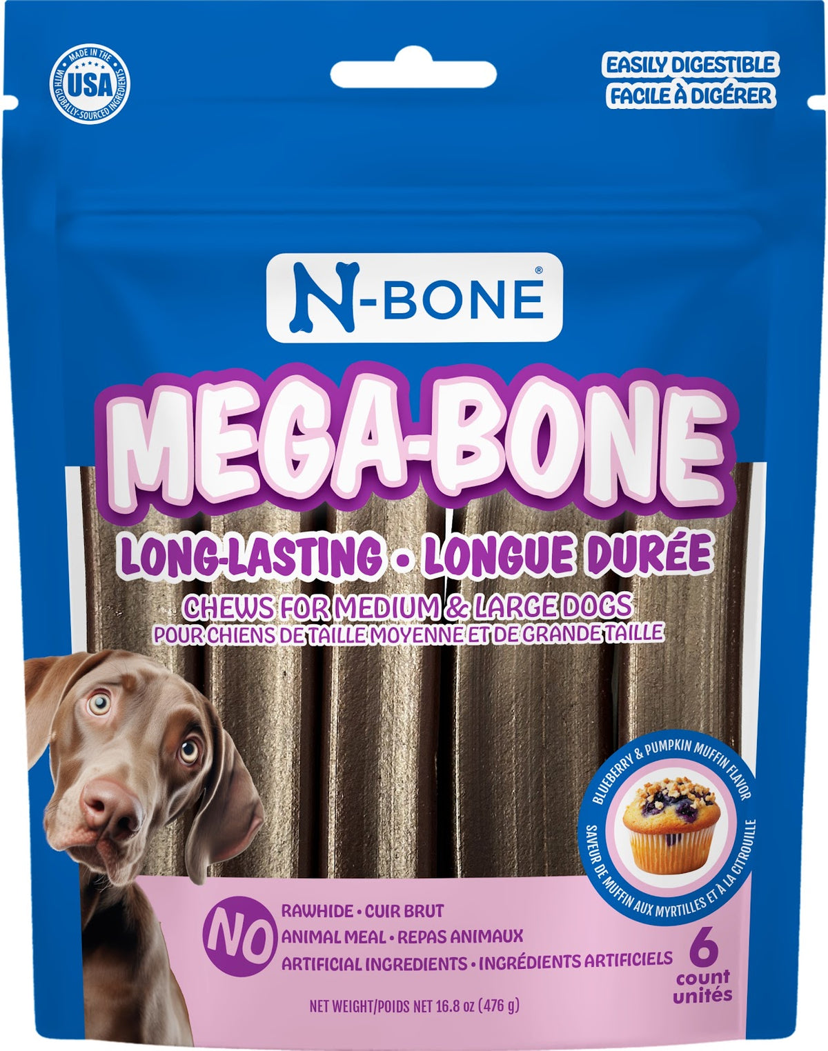 Bâtonnet à mâcher Mega-Bone longue durée muffin bleuet et citrouille pour chien 16,8 oz (paquet de 6)
