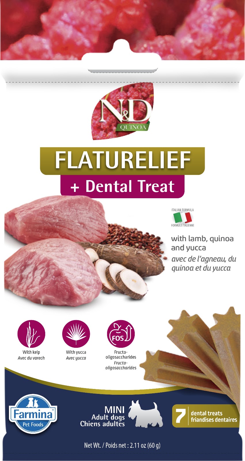 Gâteries dentaires Quinoa gestion des flatulences pour chien races mini 60 g