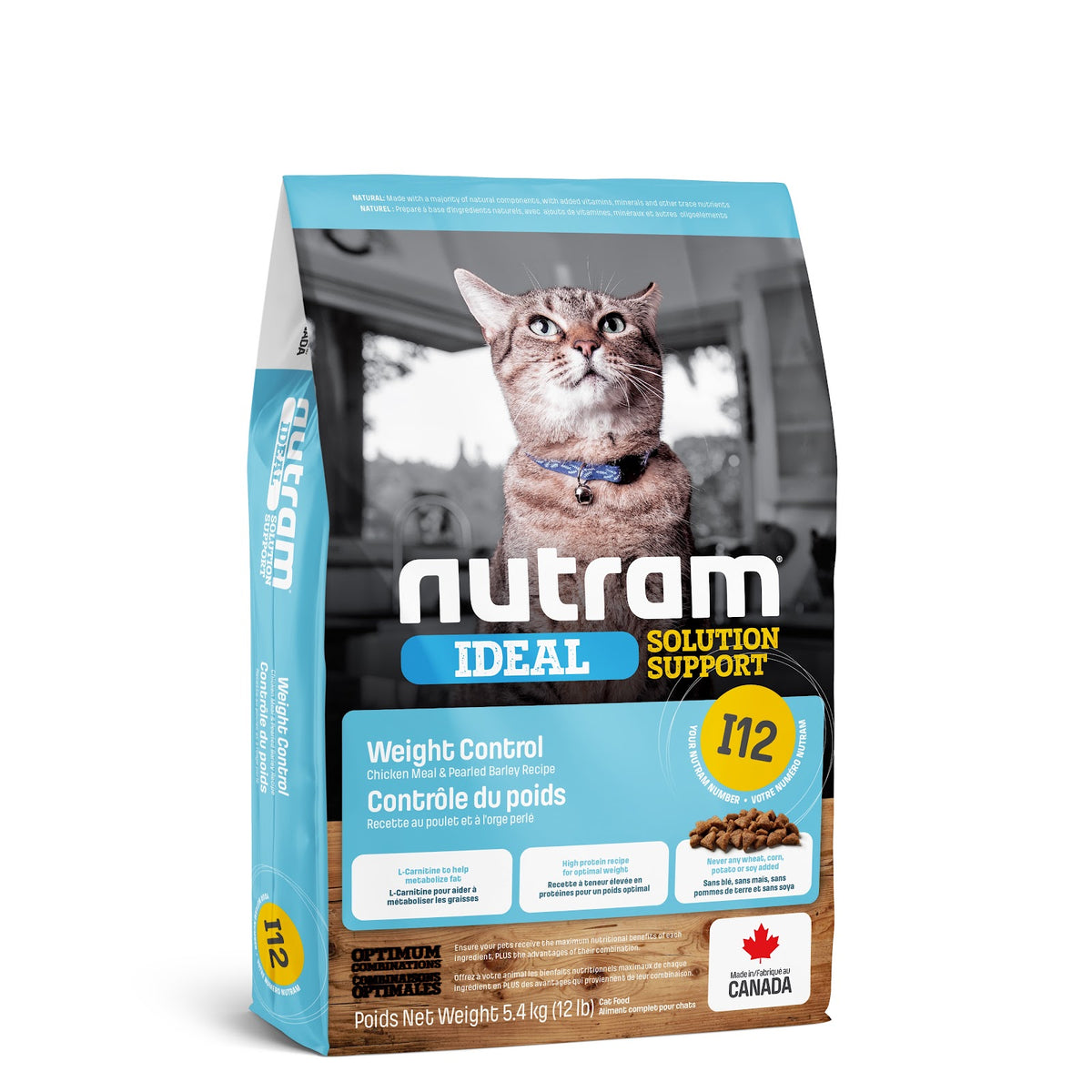 Nourriture sèche Ideal I12 pour chat, contrôle du poids, poulet et orge