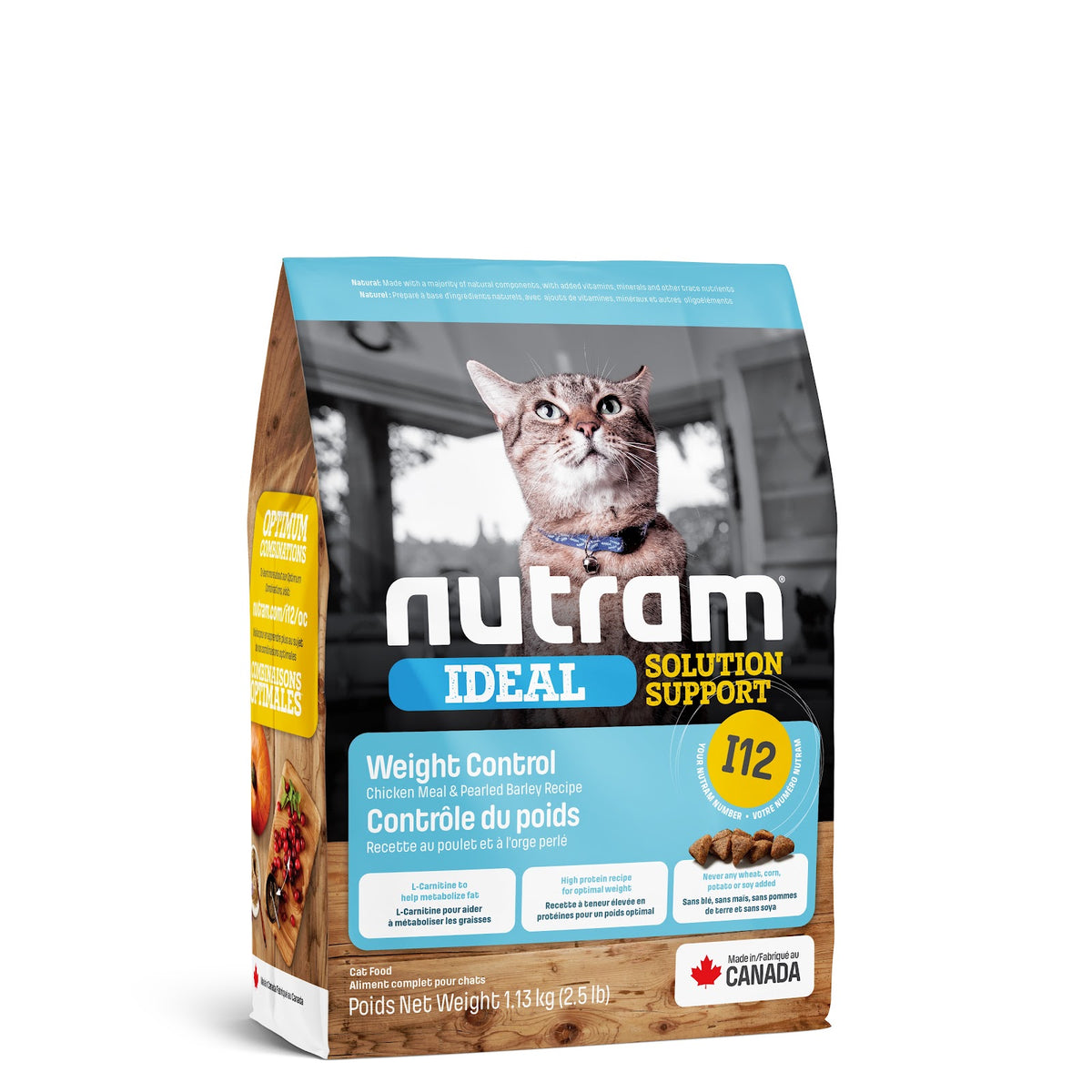 Nourriture sèche Ideal I12 pour chat, contrôle du poids, poulet et orge