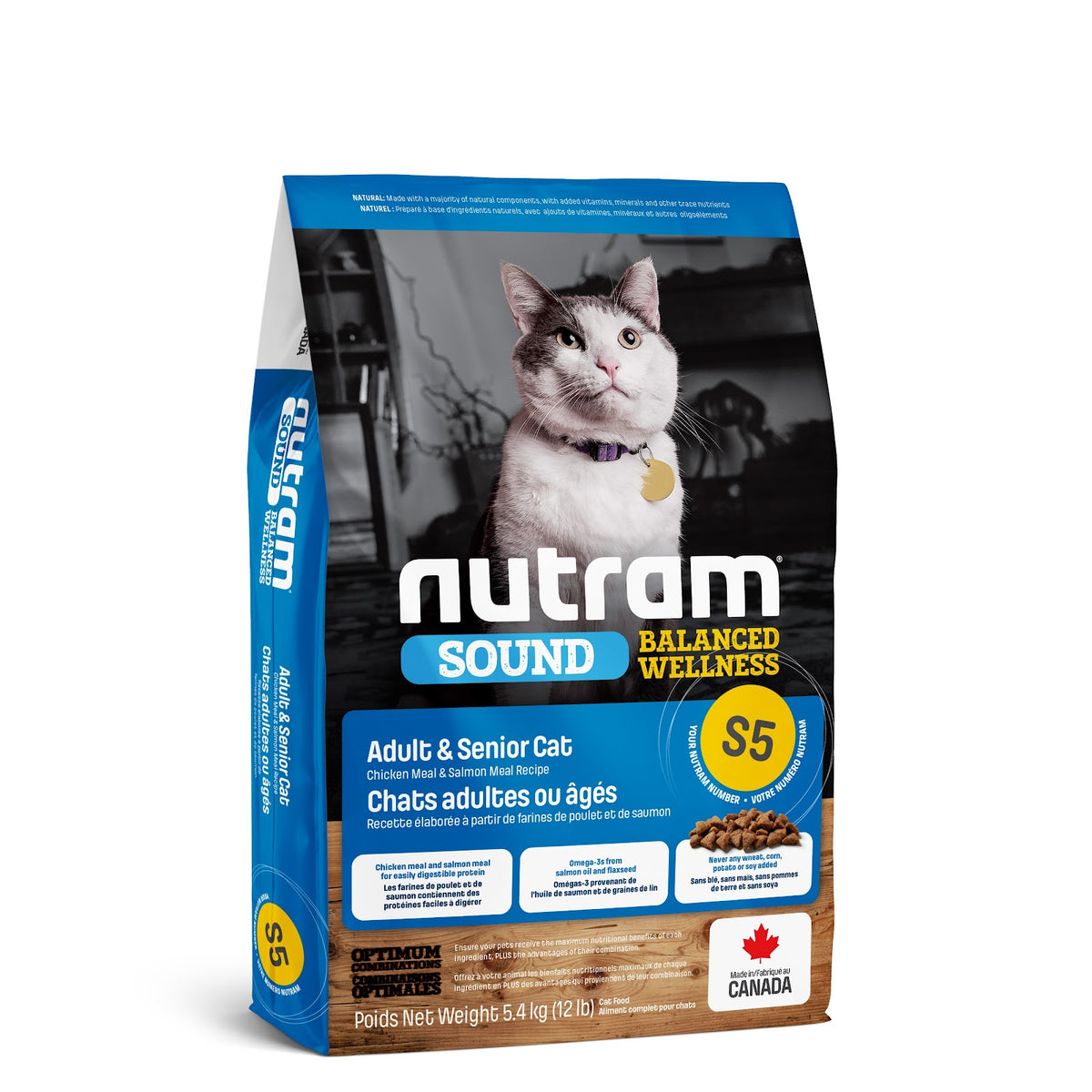 Nourriture sèche Sound S5 pour chat adulte et sénior, poulet et saumon