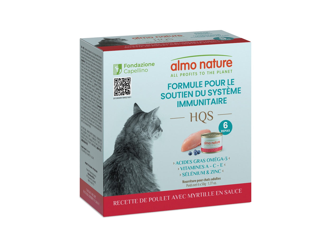 Nourriture humide HQS formule soutien immunitaire au poulet et bleuets en sauce pour chat 50 g