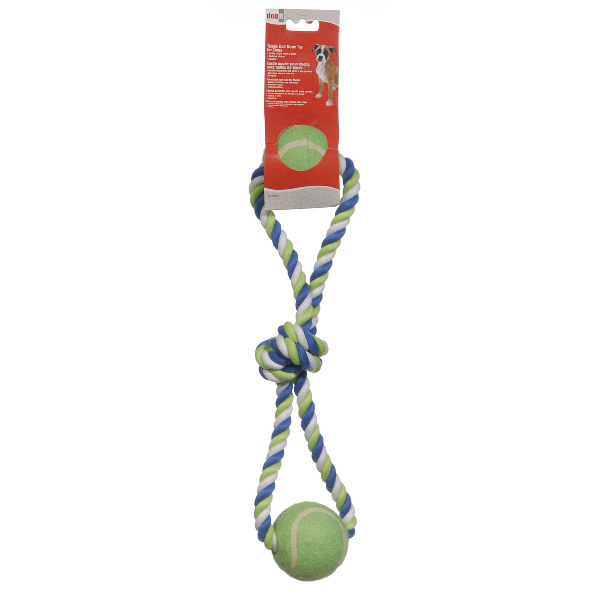 Boucles en corde de coton avec 2 balles de tennis, bleu, vert lime et blanc, 46 cm
