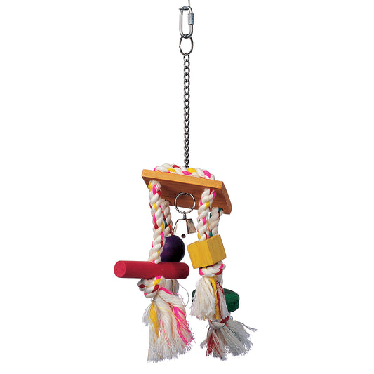 Jouet Junglewood pour oiseaux, corde carillon avec clochette, cylindre, bloc et boule