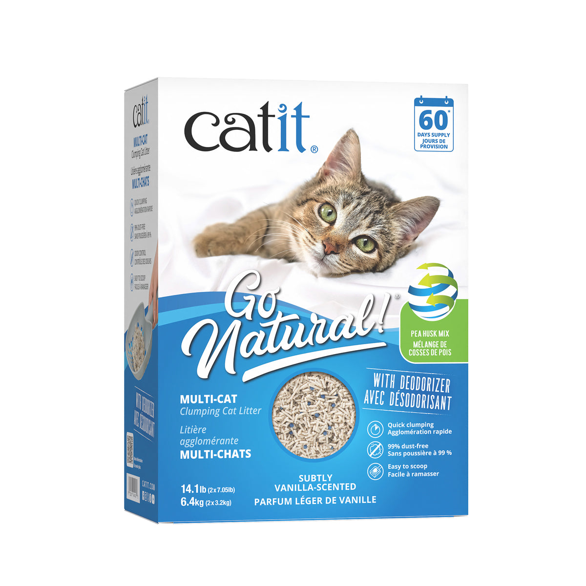 Litière agglomérante Go Natural! Multi-chats de cosses de pois, vanille 6,4 kg