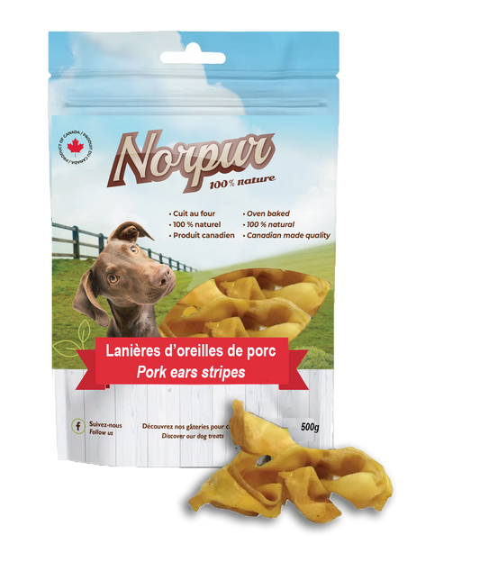 Lanières d'oreilles de porc 500 g - mastication pour chien